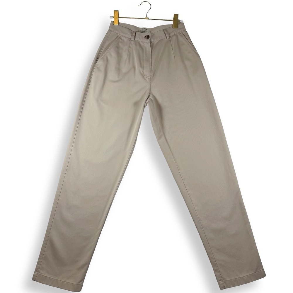 LL Bean Original Fit Pleated Khaki Chino Pants Tan Cotton High Rise Womens 4